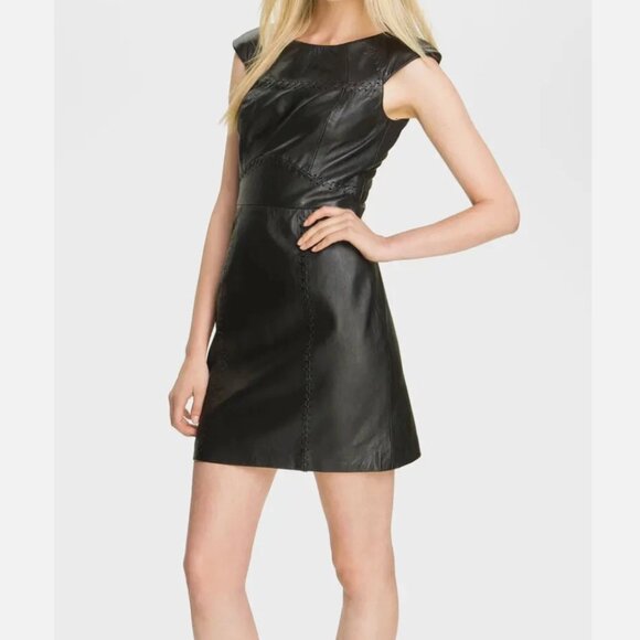 French Connection 100% Leather Stitched Cocktail Mini Dress Black Size 0 New - Picture 1 of 13